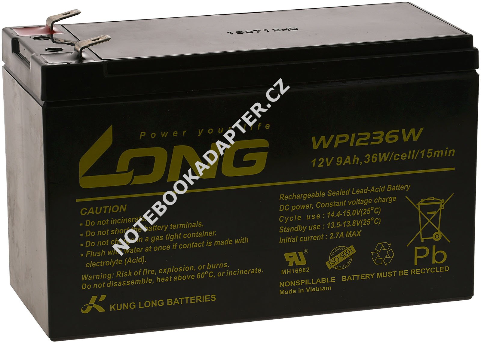 KungLong olověná baterie UP9-12 náhrada pro FIAMM Typ FG20722 12V 9Ah (nahrazuje také 7,2Ah / 7Ah) o