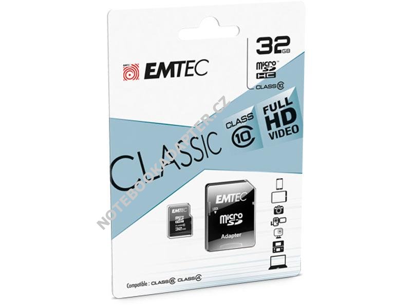 Paměťová karta EMTEC microSDHC 32GB blistr Class 10 + adaptér SD